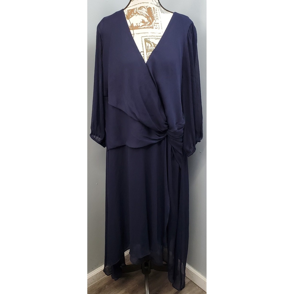 DKNY Faux-Wrap Dress Womens 18W Blue V-Neck Asymmetrical Flowy Side Knot Detail